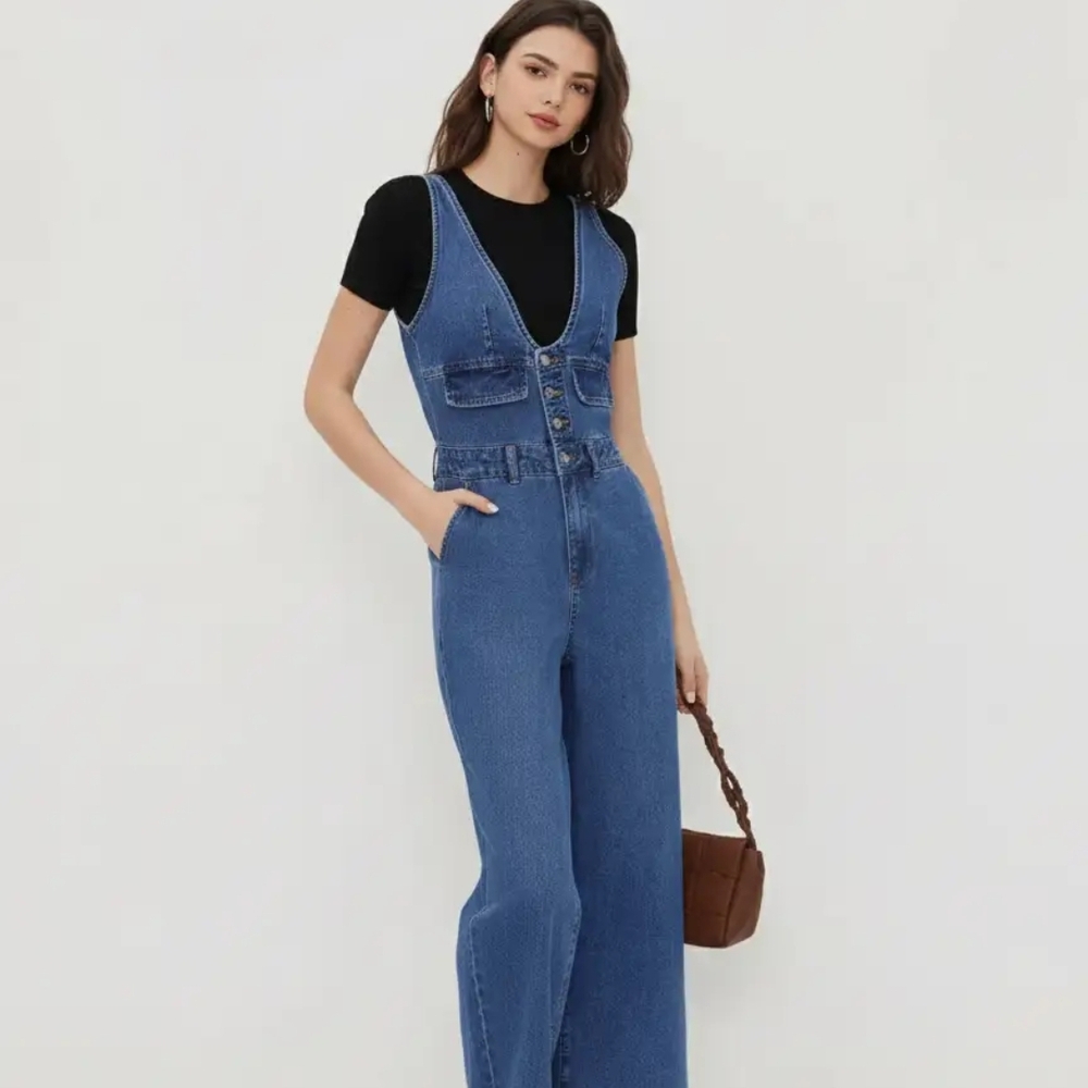 Cider Blue Denim Button-Front Wide-Leg Jumpsuit
